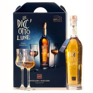 Grappa Le Diciotto Lune Stravecchia Distilleria Marzadro, Trentino Geschenkpackung mit 2 Gläsern (solange Vorrat)